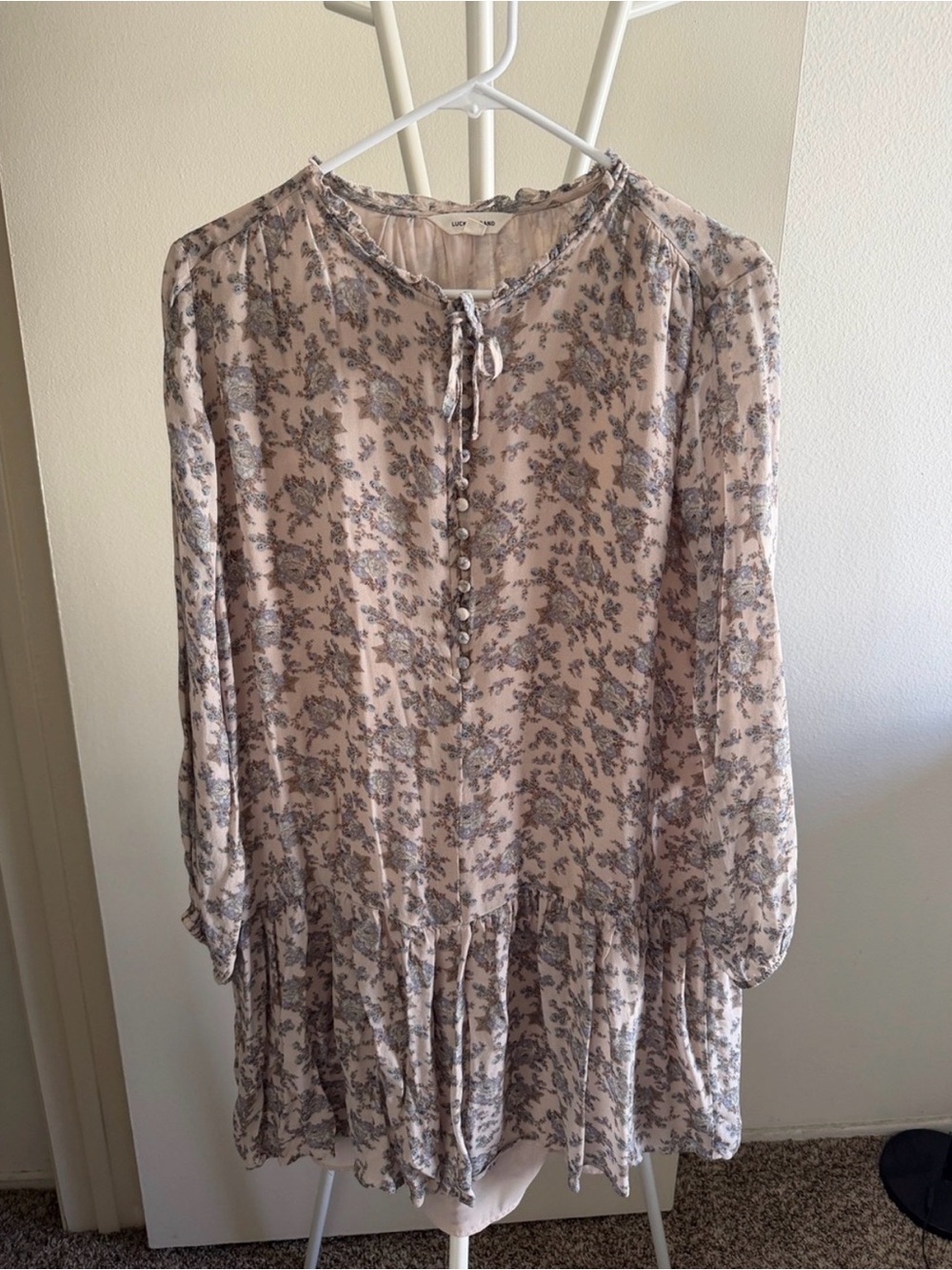 Lucky Brand Blush and Gray Floral Long-Sleeve Tiered Dress